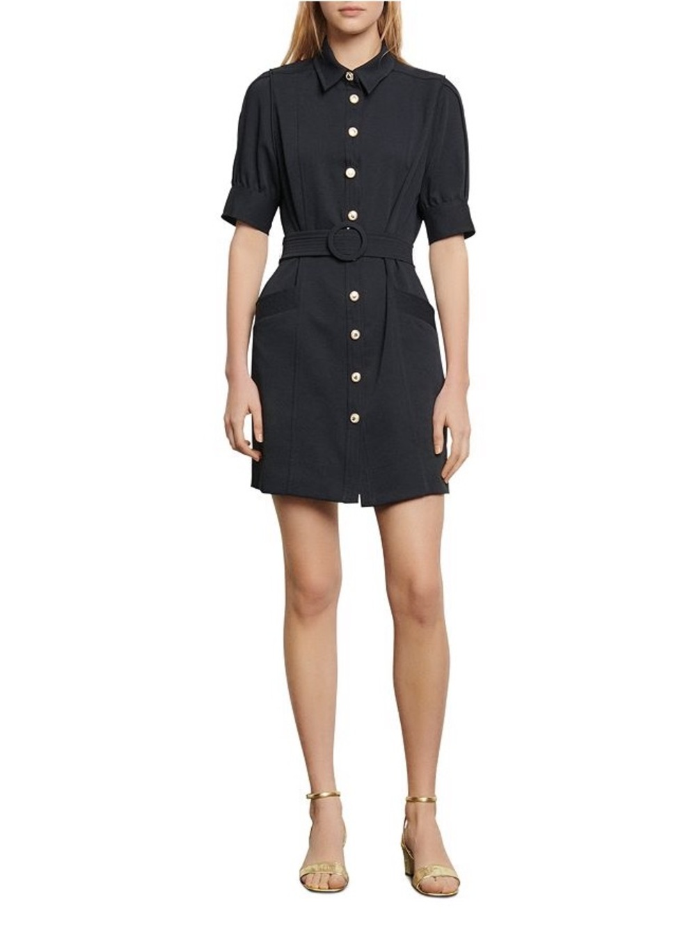 Sandro Joody Belted Mini Shirt Dress Navy Gold Buttons Size34